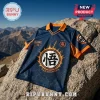 Dragon Ball Z theme soccer jersey with navy fabric, orange trim, and center Kamehameha logo on a large rock background.!