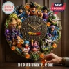 Dragon Ball wall clock featuring 3D sculpted characters, golden dragon, and orange star spheres on a dark brown surface.!