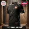 Black athletic jersey featuring embossed Anubis head, gold Egyptian motifs, Egypt soccer crest, and 2026 text on stone base.!