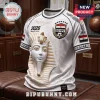 White Egypt soccer jersey featuring a large gold and white pharaoh mask, hieroglyphics, and Egypt football crest.!
