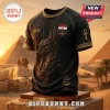 Black t-shirt featuring 3D Anubis relief, Egyptian football crest, year 2026, and ankh symbols against a pyramid background.!