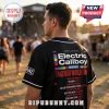 Electric Callboy Tanzneid 2026 World Tour black baseball jersey featuring back tour dates and logo on a festival goer.