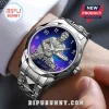 Silver analog watch with metallic Elvis Presley relief on a blue gradient face and stainless steel faceted band.!