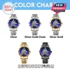 Five Elvis Presley analog wristwatches with blue starfield dials in silver, gold, and black metal strap finishes.!