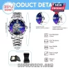 Elvis Presley graphic wristwatch with silver metal link band, blue gradient dial, 43mm diameter, and date display window.!