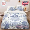 Elvis Presley themed bedding set with blue toile print featuring Graceland, jukebox, car, and song titles on white fabric.!
