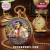 Gold pocket watch featuring Elvis Presley portrait, Graceland, pink Cadillac, and The King of Rock 'n Roll text.!