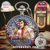 Elvis Presley commemorative silver pocket watch featuring a printed portrait, US flag, Graceland, and 1935-1977 text.!