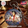 Elvis Presley commemorative pocket watch with a vintage car, US flag background, and the text The King of Rock N Roll.!