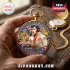 Gold pocket watch featuring Elvis Presley portrait, American flag, Statue of Liberty, pink car, and Graceland estate graphic.!