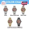 Five Elvis Presley wristwatch color variants with studded metal bands, pink faces, and rhinestones on a white background.!