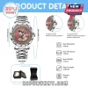 Elvis Presley commemorative wristwatch with metal link band, diamond bezel, and pink dial text reading King of Rock N Roll.!