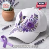 Embroidered Lavender Hummingbird Alzheimer’s Awareness Baseball Cap in white featuring purple floral and bird needlework.