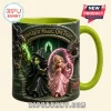 Enchanted Forest Witches Personalized Ceramic Mug featuring two witches, green and pink magical auras, and custom names.