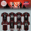 Enhypen Blood Saga tour jerseys in black and dark red featuring member names, numbers, and signatures on the back.!