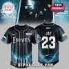 Enhypen Blood Saga baseball jersey featuring black fabric, blue nebula graphics, Jay 23 lettering, and front button closure.!