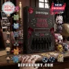 Enhypen Dark Blood themed collector box, plush bat charms, and K-pop member vinyl figurines on a wooden desk.!