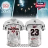 White V-neck baseball jersey featuring ENHYPEN logo, number 23, red graphic flames, and Jay signature on back.!