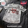 Enhypen V-neck jersey with grey textured print, red flame graphics, number 23, and star symbols on white fabric.!
