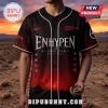 Enhypen Blood Saga world tour black and red baseball jersey with white gothic lettering worn over a desert landscape.!