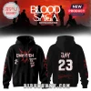 Black hoodie with red tribal sleeve graphics, front featuring ENHYPEN text, back showing JAY 23 and a red signature.!
