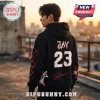 Black hoodie with red tribal sleeve art, white stars, number 23, and JAY text on back worn by man on rooftop at sunset.!