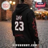 Black cotton hoodie featuring white text Jay, number 23, red tribal sleeve graphics, and a red signature on the back.!