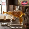 Nuka Cola blaster glass whiskey decanter on clear stand labeled Fallout 30th Anniversary 1997-2027 on wood desk.!