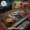 RGB gaming desk mat featuring Final Fantasy VII characters Sephiroth and Cloud on a wood desk with a mechanical keyboard.!