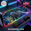 Final Fantasy X gaming mouse pad with LED border featuring Tidus and Yuna in a field of white flowers on a desk setup.!