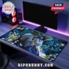 Final Fantasy X Tidus and Yuna scene printed gaming desk mat on a wood desk with computer monitor and purple LED lighting.!