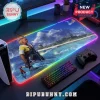 Final Fantasy X Tidus LED gaming desk mat featuring tropical coastal landscape and glowing multicolored fiber optic edges.!