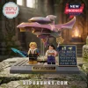 Final Fantasy X Tidus and Yuna brick minifigures with a purple airship model on a display base with fictional lettering.!