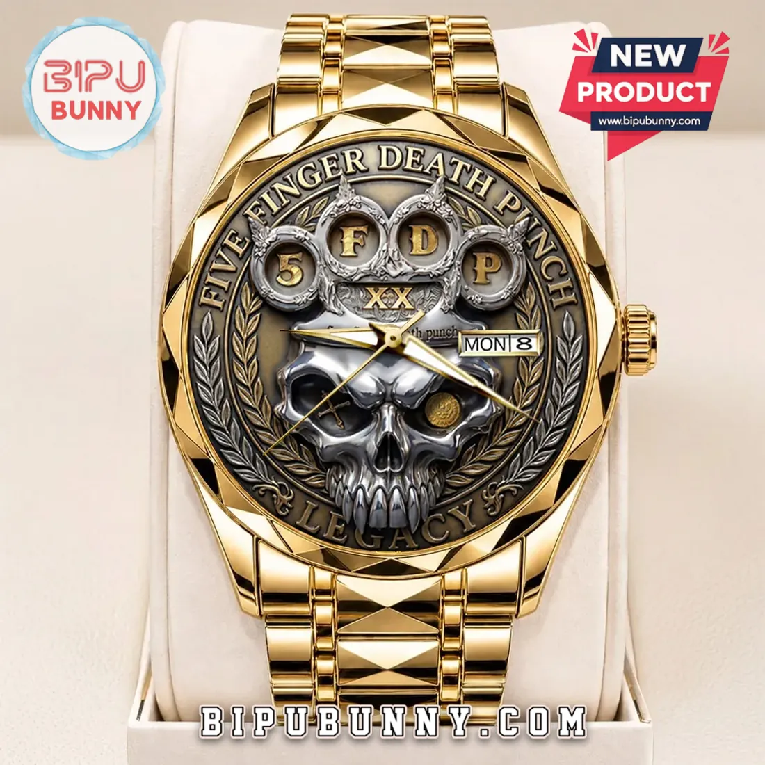 Five Finger Death Punch Legacy Gold Tone Embossed Quartz Watch Five Finger Death Punch Legacy Gold Tone Embossed Quartz Watch