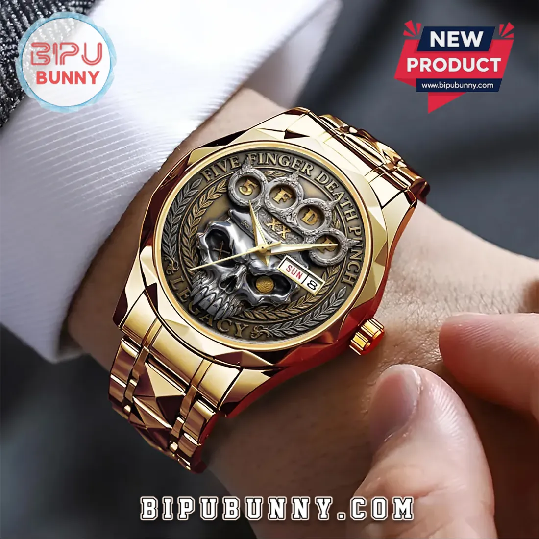 Five Finger Death Punch Legacy Gold Tone Embossed Quartz Watch Five Finger Death Punch Legacy Gold Tone Embossed Quartz Watch