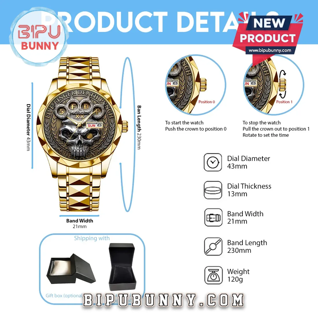 Five Finger Death Punch Legacy Gold Tone Embossed Quartz Watch Five Finger Death Punch Legacy Gold Tone Embossed Quartz Watch