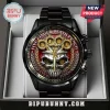 Black metal Five Finger Death Punch wrist watch featuring a metallic skull, gold FDP lettering, and red dial in a box.!