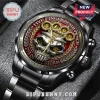 Five Finger Death Punch wristwatch with metallic skull dial, gold accents, and red background on a black metal link band.!