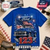 Blue Ford t-shirt featuring a vintage truck, American flag, fireworks, and large red 123 number graphic.!