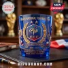 Blue glass whiskey tumbler featuring France National Football Team FFF crest, Eiffel Tower, and gold laurel accents.!