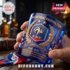 Blue glass tumbler featuring embossed France National Football Team crest, gold laurel wreaths, Eiffel Tower, and players.!
