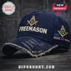 Freemason 1717 Embroidered Distressed Denim Cap featuring gold square and compass emblem on dark blue washed fabric.