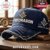 Freemason 1717 Embroidered Distressed Denim Cap featuring gold square and compass embroidery on blue wash denim fabric.