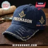 Freemason 1717 Embroidered Distressed Denim Cap with gold square and compass symbol and American flag patch on side.