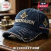 Freemason 1717 Embroidered Distressed Denim Cap featuring gold square and compass symbol on a washed blue fabric base.