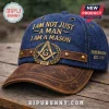 Freemason 1717 Premium Denim Leather Baseball Cap with embroidered text and a bronze Masonic square and compass emblem.