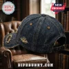 Freemason EST 1717 Premium Distressed Denim Baseball Cap in dark wash blue with embroidered eye icon and frayed texture.