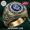Freemason Master Mason Blue Stone Gold Ring featuring a central blue gem with a gold square and compass emblem.