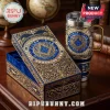 Freemason Symbol Faith Hope Charity 40oz Stanley Tumbler with matching blue and gold ornate display box on wooden desk.