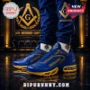 Blue and gold Freemasonry themed sneakers with square and compass symbols on a dark marble floor background.!
